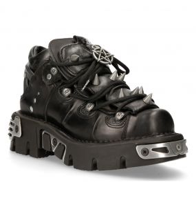 Black New Rock Metallic Reactor Shoes with Spikes and Pentagrams