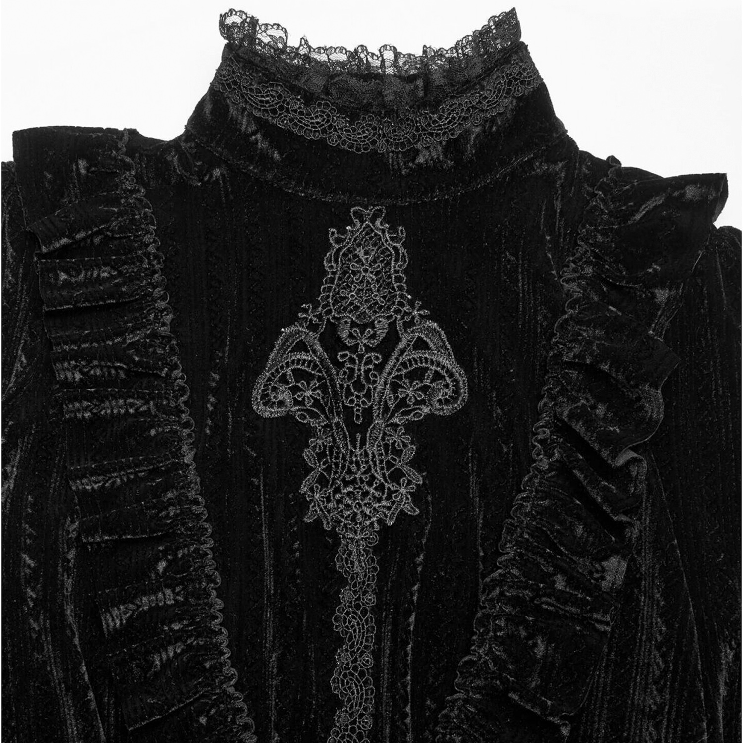 Black Lace Embellished Overlap Neck Velvet Blouse
