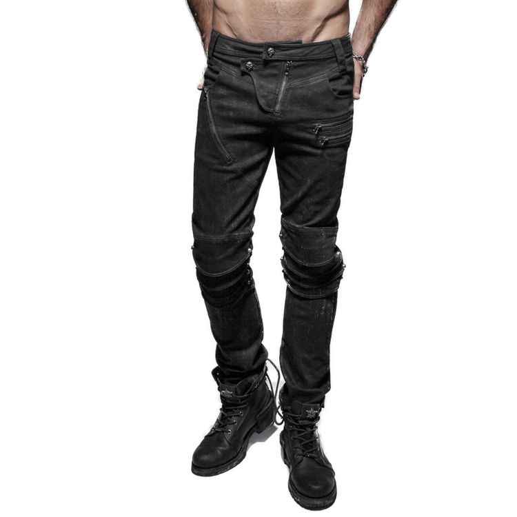 Zips And Belts Decorated Black Leather Biker Pants | 3D model