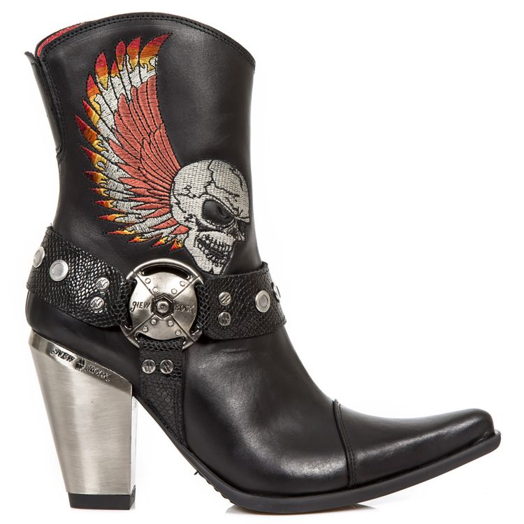 Black Itali Leather New Rock Bull Ankle Boots with Embroidery