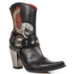 Black Itali Leather New Rock Bull Ankle Boots with Embroidery