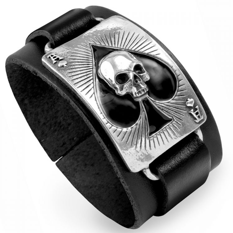 Bracelet 'Ace Of Dead' en Cuir Noir