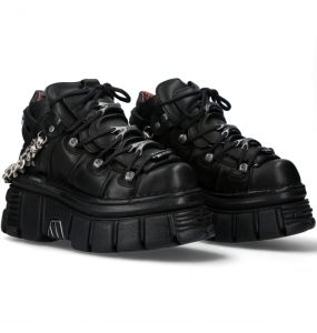 New Rock Metallic Black Shoes with Chains