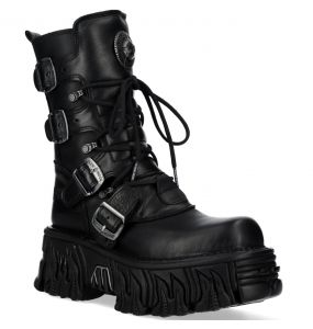 Black Leather New Rock Metallic Boots