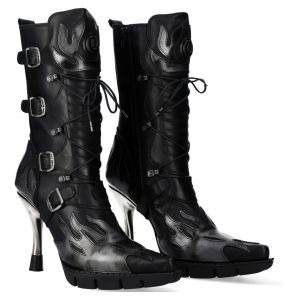 New Rock Malicia Boots in Black Itali and Steel Pulik Leather