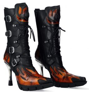New Rock Malicia Boots in Black Itali and Fire Pulik Leather