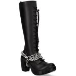 Black Vegan Leather New Rock Trail High Boots with Chains