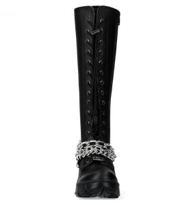 Black Vegan Leather New Rock Trail High Boots with Chains