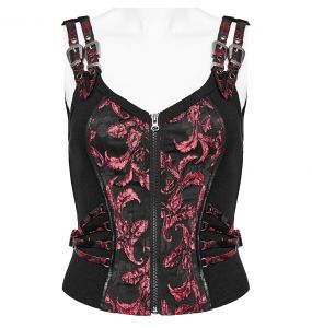 Red Jacquart and Black 'Poison Ivy' Top Corset