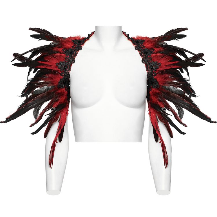 Accessoire d'Épaule 'Raven' en Plumes Artificielles Noires et Rouges