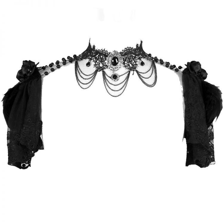 Boléro Gothique et Collier 'Elja' en Dentelle et à Plumes Noires