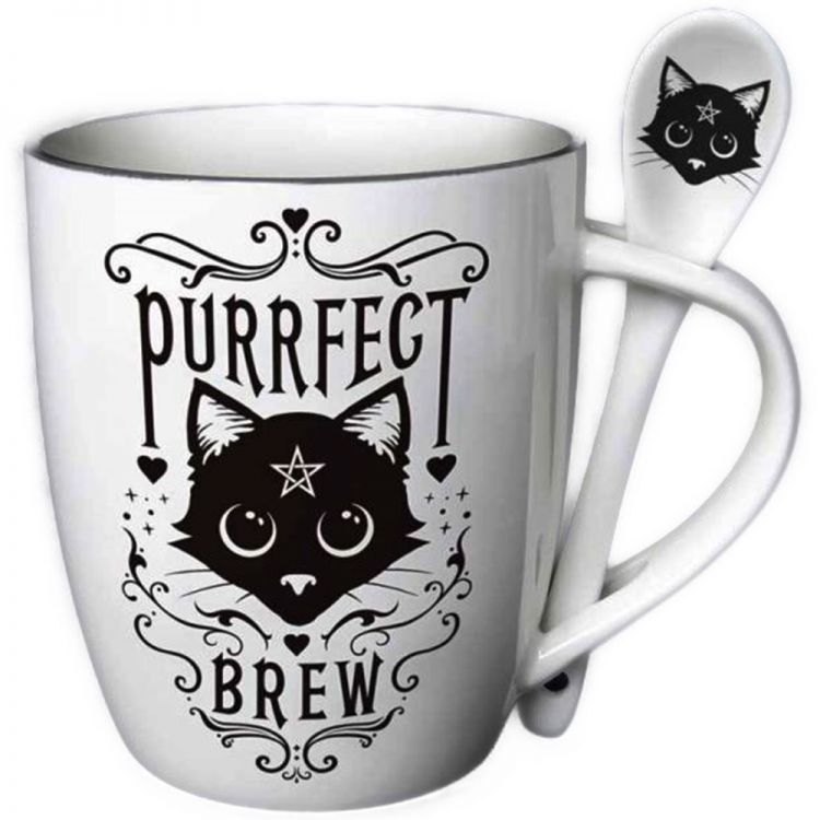 Porcelain 'Purrfect Brew' Mug and Spoon Set