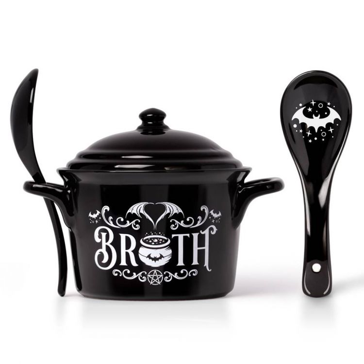 Black Porcelain 'Bat Broth' Bowl and Spoon Set