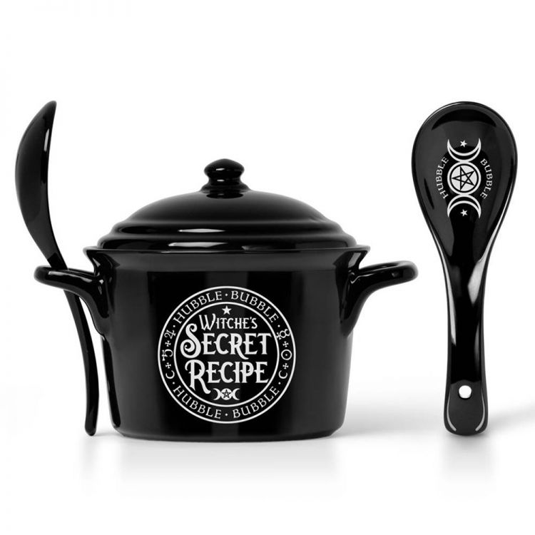 Black Porcelain 'Witches Secret Recipe' Bowl and Spoon Set