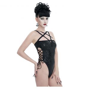 Balck 'Pentagram' Embossed Strappy One-Piece Swimsuit