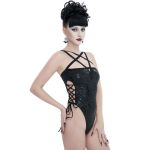 Balck 'Pentagram' Embossed Strappy One-Piece Swimsuit