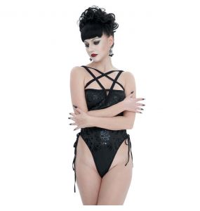 Balck 'Pentagram' Embossed Strappy One-Piece Swimsuit