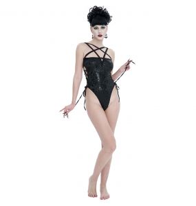 Balck 'Pentagram' Embossed Strappy One-Piece Swimsuit