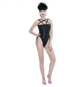 Balck 'Pentagram' Embossed Strappy One-Piece Swimsuit