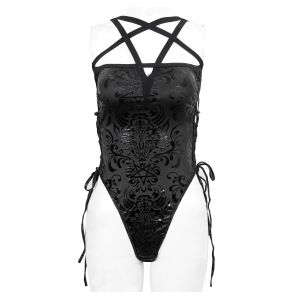 Balck 'Pentagram' Embossed Strappy One-Piece Swimsuit