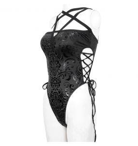 Balck 'Pentagram' Embossed Strappy One-Piece Swimsuit