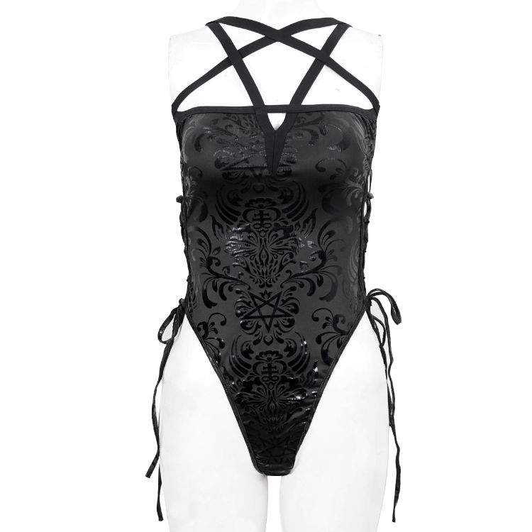 Balck 'Pentagram' Embossed Strappy One-Piece Swimsuit