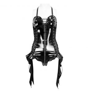 Black Patent Faux Leather 'Attala' Sexy Bodysuit