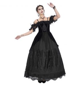 Longue Robe 'Liuva' en Dentelle et Velours Noirs