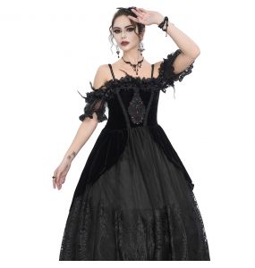 Longue Robe 'Liuva' en Dentelle et Velours Noirs