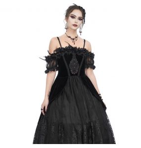 Longue Robe 'Liuva' en Dentelle et Velours Noirs