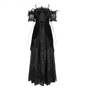 Longue Robe 'Liuva' en Dentelle et Velours Noirs