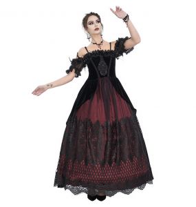 Longue Robe 'Liuva' Noire et Bordeaux en Dentelle et Velours