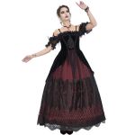 Longue Robe 'Liuva' Noire et Bordeaux en Dentelle et Velours