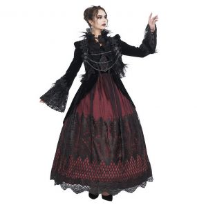 Longue Robe 'Liuva' Noire et Bordeaux en Dentelle et Velours