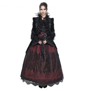 Longue Robe 'Liuva' Noire et Bordeaux en Dentelle et Velours