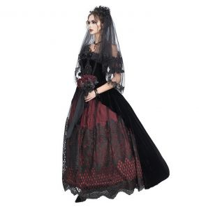 Longue Robe 'Liuva' Noire et Bordeaux en Dentelle et Velours