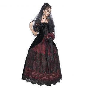 Longue Robe 'Liuva' Noire et Bordeaux en Dentelle et Velours