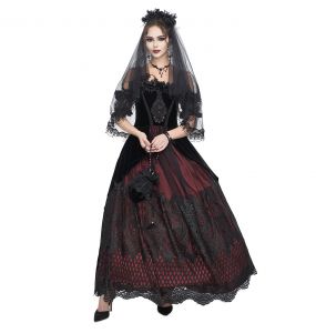 Longue Robe 'Liuva' Noire et Bordeaux en Dentelle et Velours