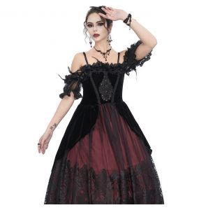 Longue Robe 'Liuva' Noire et Bordeaux en Dentelle et Velours