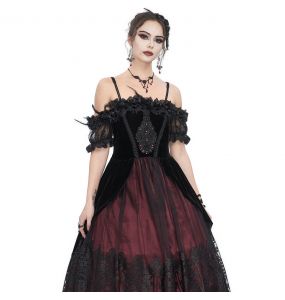 Longue Robe 'Liuva' Noire et Bordeaux en Dentelle et Velours