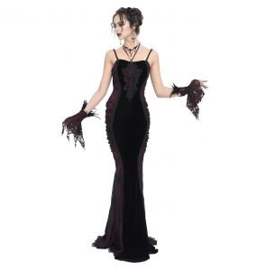 Black Velvet and Burgundy 'Naïade' Long Dress