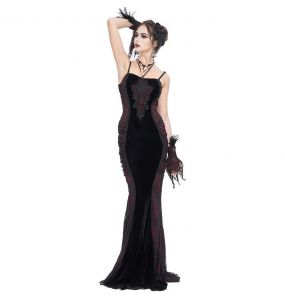 Black Velvet and Burgundy 'Naïade' Long Dress