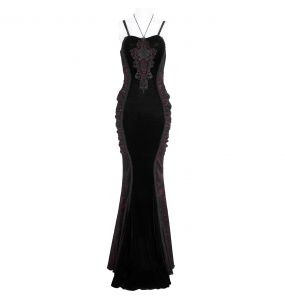 Black Velvet and Burgundy 'Naïade' Long Dress