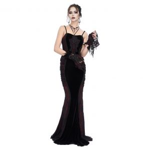 Black Velvet and Burgundy 'Naïade' Long Dress