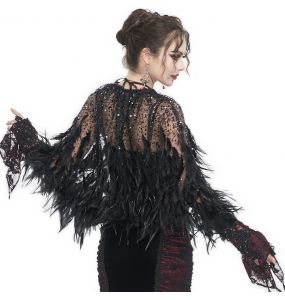 Short Cape 'Helchen' in Black Feathers and Sequins