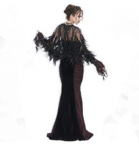 Short Cape 'Helchen' in Black Feathers and Sequins