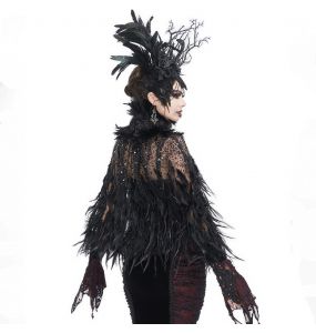 Cape Courte 'Helchen' en Plumes et Paillettes Noires