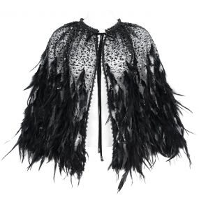 Cape Courte 'Helchen' en Plumes et Paillettes Noires