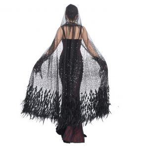 Longue Cape 'Helchen' en Plumes et Paillettes Noires