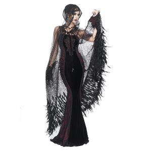 Longue Cape 'Helchen' en Plumes et Paillettes Noires